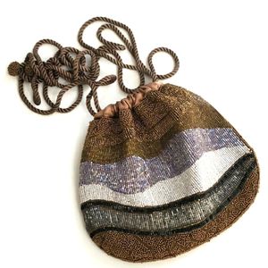 Beaded Drawstring Cross body Corded Brown/Lavender/White Purse